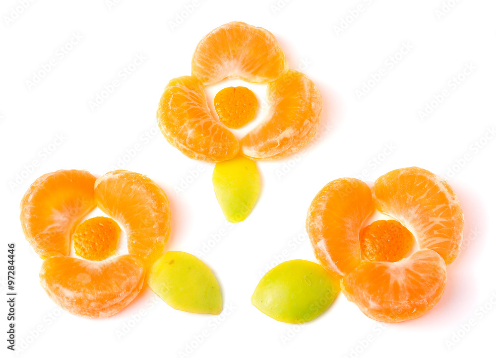 Orange flower of orange slices with green leaves