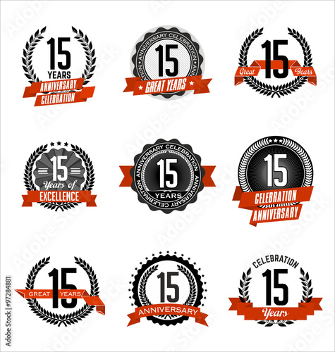 Vector Set of Retro Anniversary Badge Black and Red 15th Years Celebration