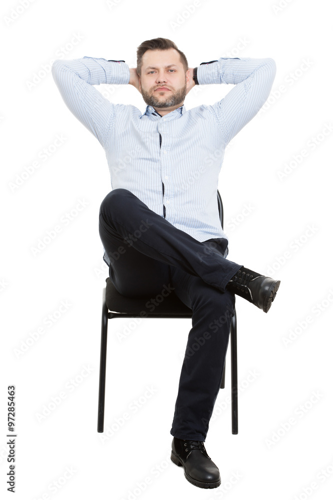 man sitting on chair. Isolated white background. Body language. gesture