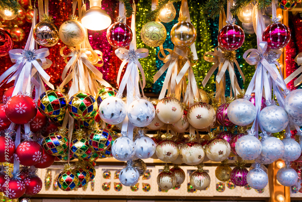 Christmas market store and balls. Colorful Christmas decorations