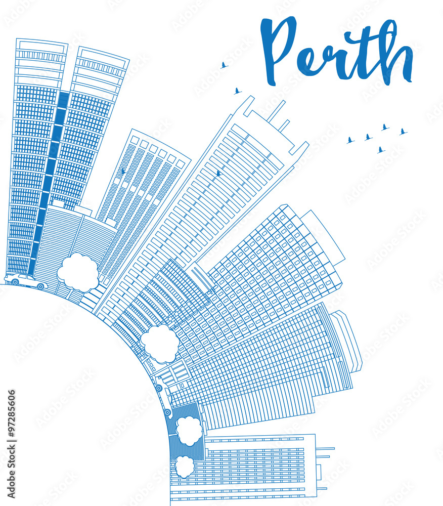Outline Perth skyline with blue buildings and copy space. Some elements have transparency mode different from normal.