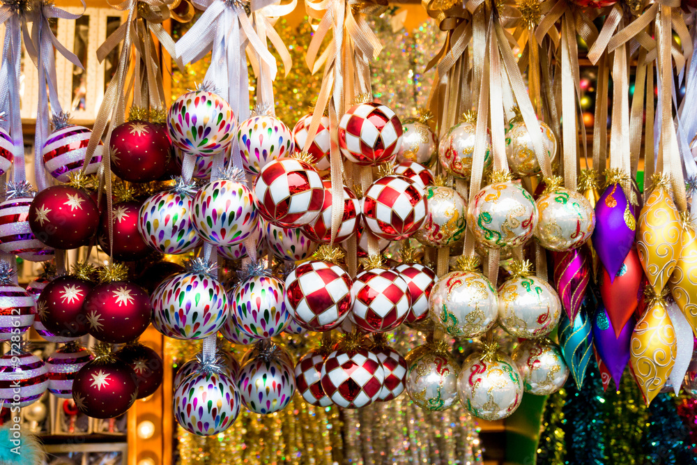 Christmas market store and balls. Colorful Christmas decorations