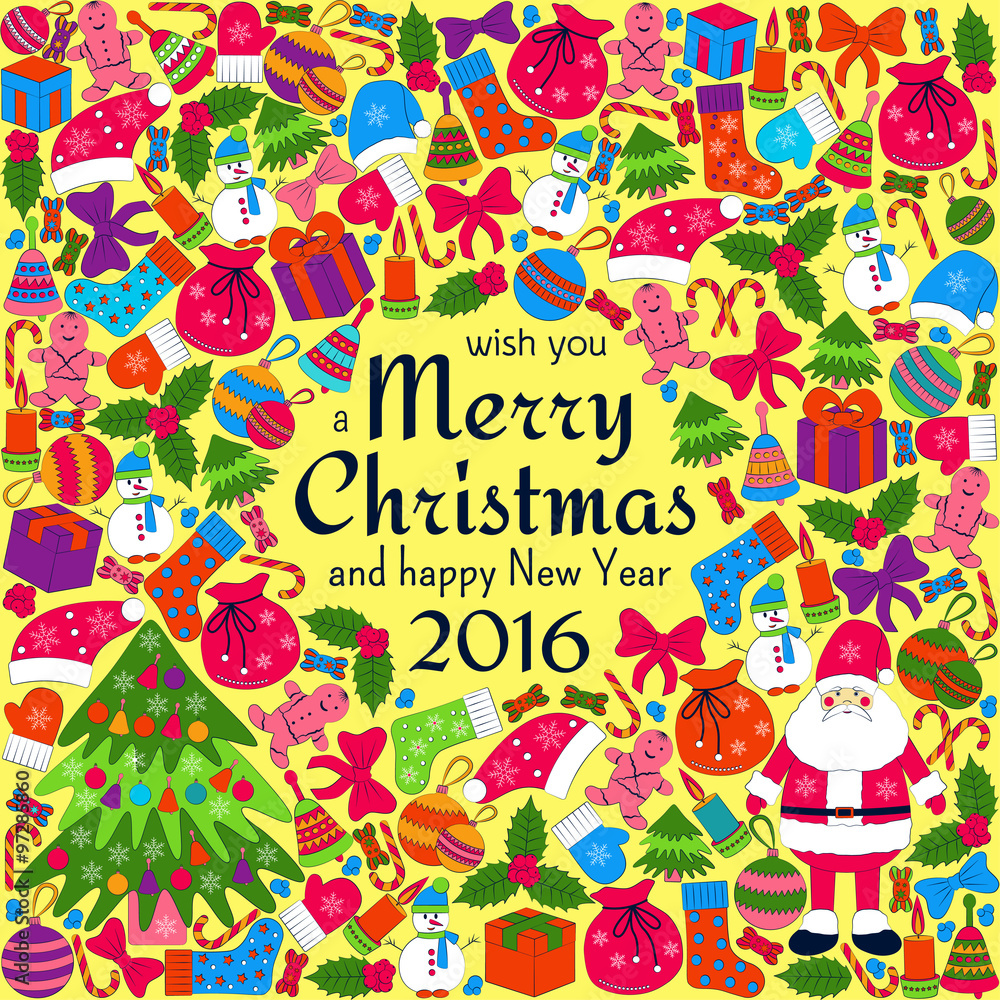 Christmas greeting card with text wish you a Merry Christmas and many winter doodles. Santa, toys, cookies, snowmen, fir, candies, socks, gifts, bows, snowflakes, stars, hollies, mittens, etc. Christmas greeting card with text wish you a Merry Christmas and many winter doodles. Santa, toys, cookies, snowmen, fir, candies, socks, gifts, bows, snowflakes, stars, hollies, mittens, etc.