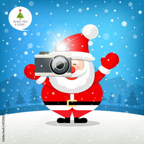 Merry christmas Santa claus hand holding photo camera on snow