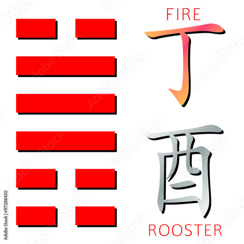 Feng shui, bazi, fire, rooster, din, ju, zodiac, 60 dzja dzi, 
i-ching, i ching, suan kun da gua, hexagram, chinese, red