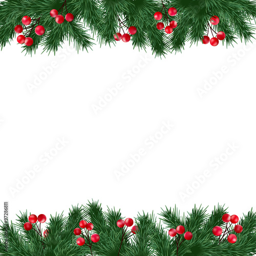 Christmas greeting card, invitation with fir tree branches and holly berries border on white background