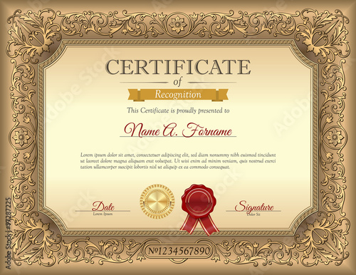 Vintage Certificate of Recognition Template with Ornament Frame