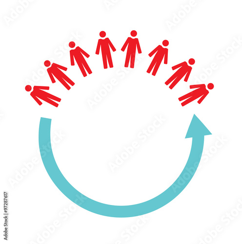 Flat vector image of people, an arrow circling them and copyspace in the middle