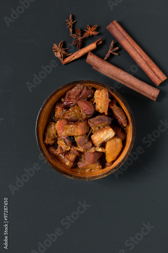 Chinese pork belly caramelized and braised in soy sauce with sta