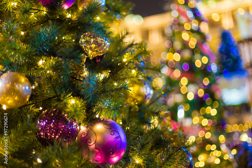 Closeup of Christmas tree at night