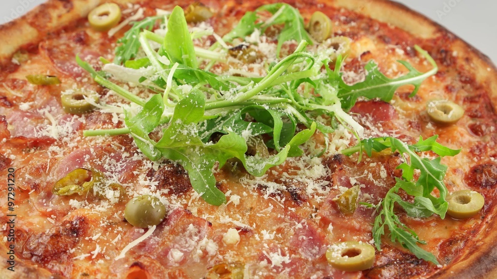 Pizza with pepperoni, bacon and olives Pizza with pepperoni, bacon and olives