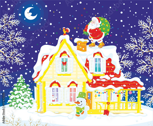 Santa Claus with holiday presents in a big gift sack on a snow-covered roof top on a snowy Christmas eve night