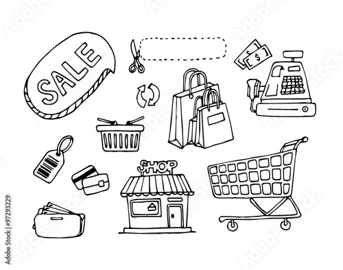 Vector set of Hand drawn sketch doodles in shopping concept