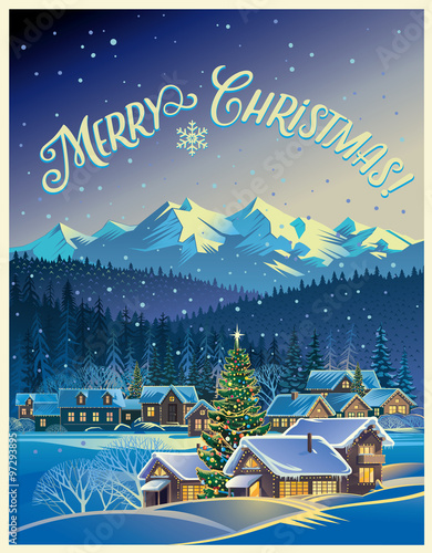 Winter landscape with village and Christmas tree.