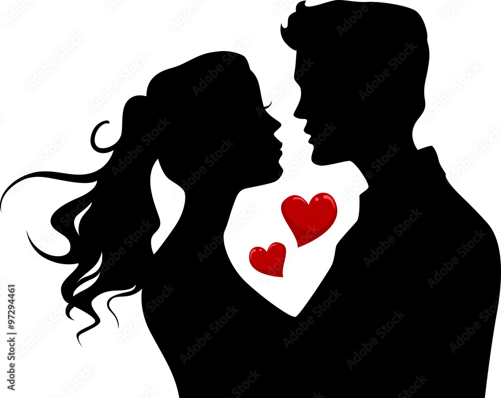 Couple Kiss Silhouette Hearts