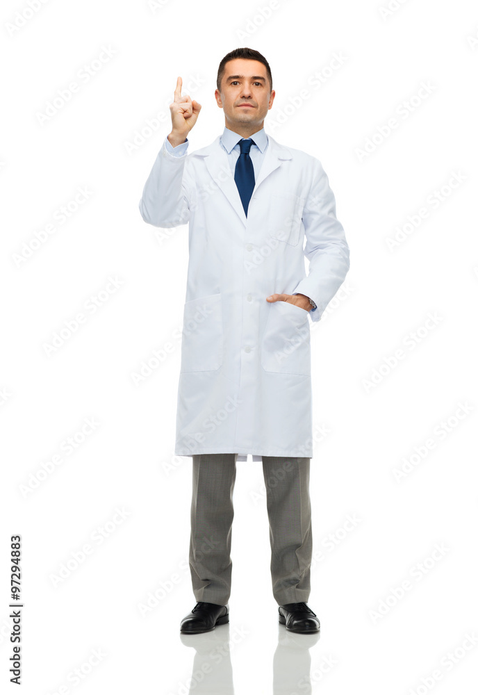 male doctor in white coat pointing finger up male doctor in white coat pointing finger up