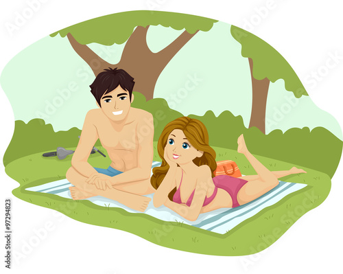 Couple Teen Outdoor Sun Bathing Park