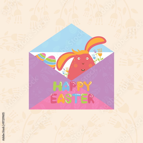 Concept Happy Easter envelope with flowers,bunny and eggs. Vecto