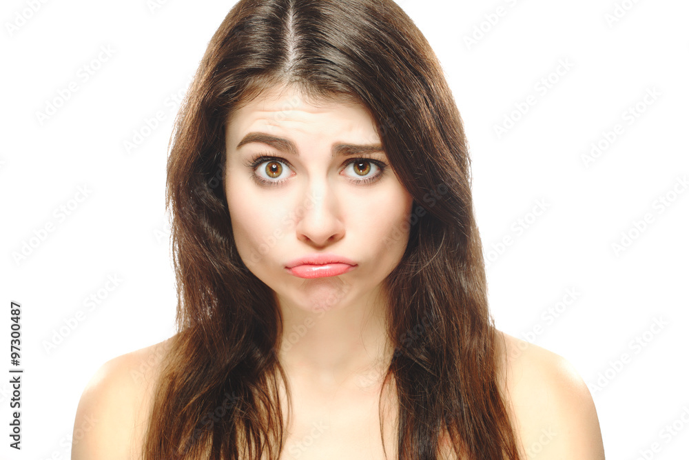 Fuuny woman disapponted sad eomtion face portrait. Isolated on white background Fuuny woman disapponted sad eomtion face portrait. Isolated on white background