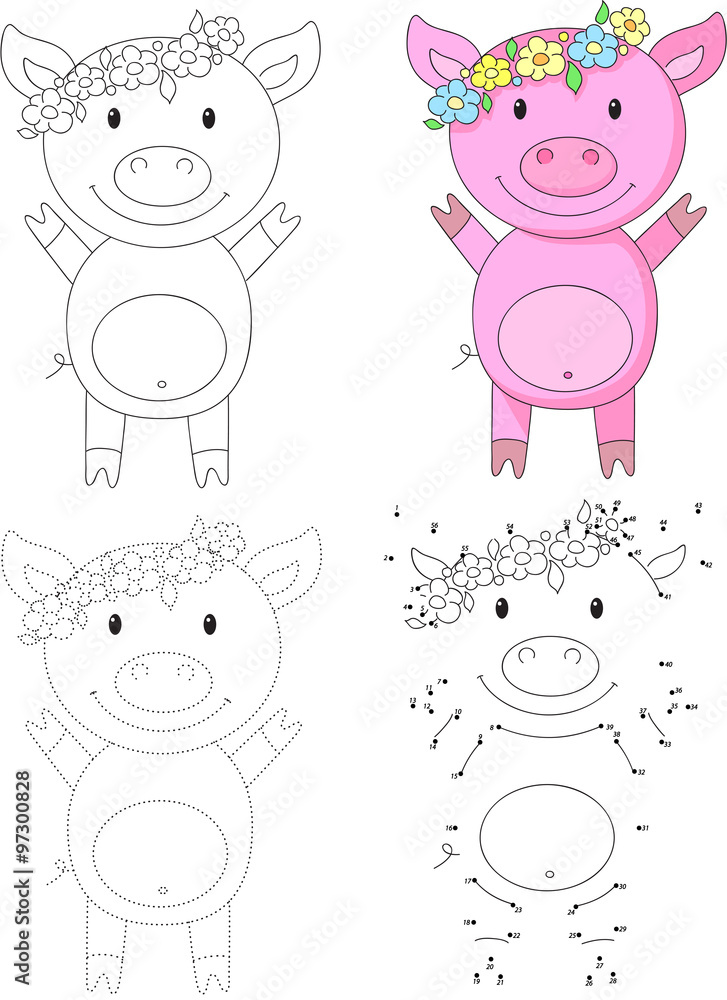 Cartoon pig. Vector illustration. Dot to dot game for kids