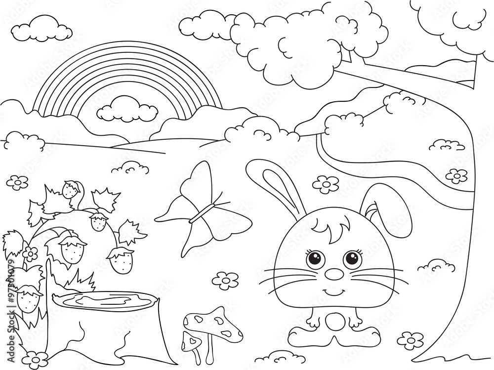 Forest glade with a hare, stub, strawberries, butterfly, trees, Forest glade with a hare, stub, strawberries, butterfly, trees,