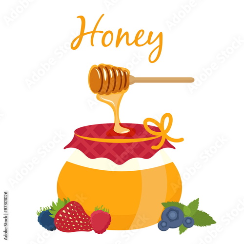 Illustration of honey pot and honey dipper. Vector