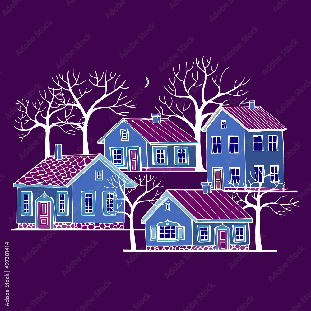 Beautiful Houses set with trees vector seamless pattern.