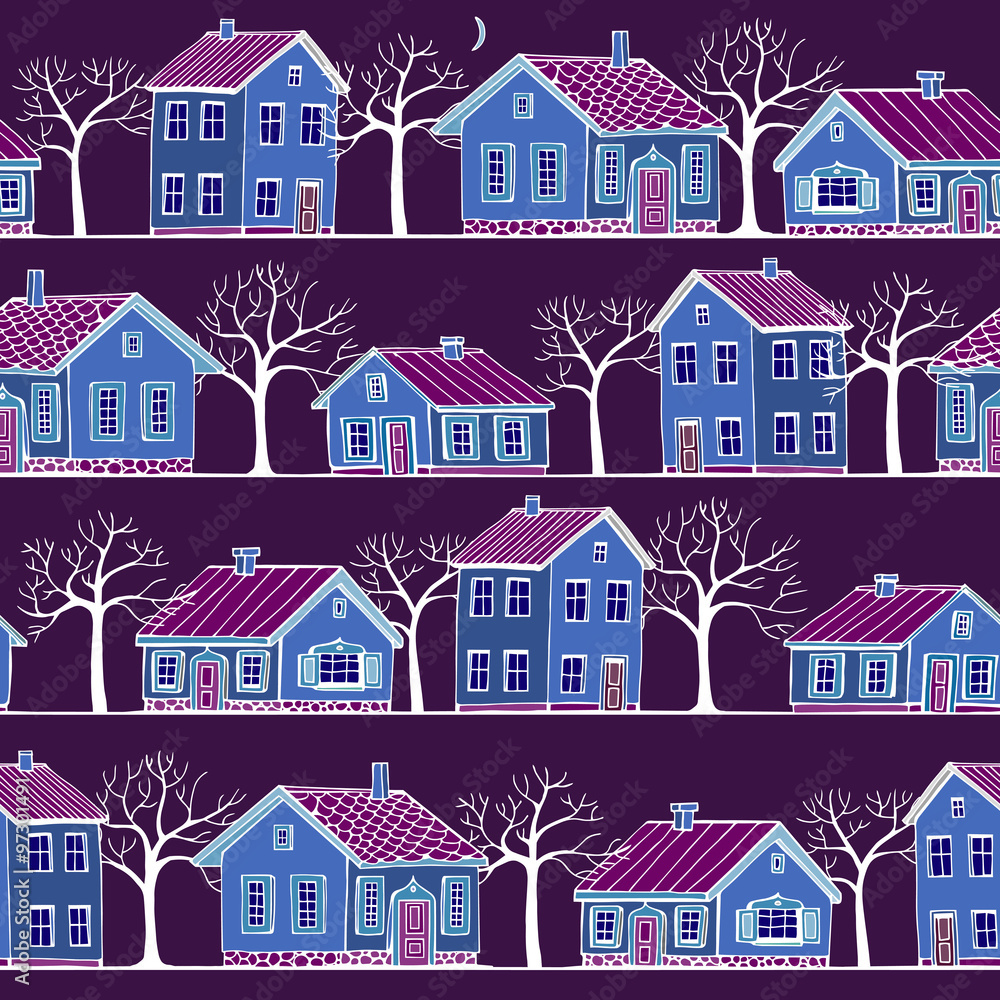 Fototapeta premium Beautiful Houses set with trees vector seamless pattern.