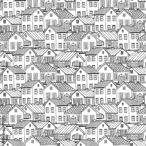 Beautiful monochrome Houses set with trees vector seamless pattern.