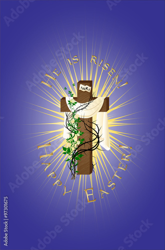 He is risen! Happy Easter, empty cross with thorns and roses and light rays