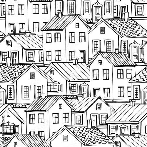 Beautiful monochrome Houses set with trees vector seamless pattern.