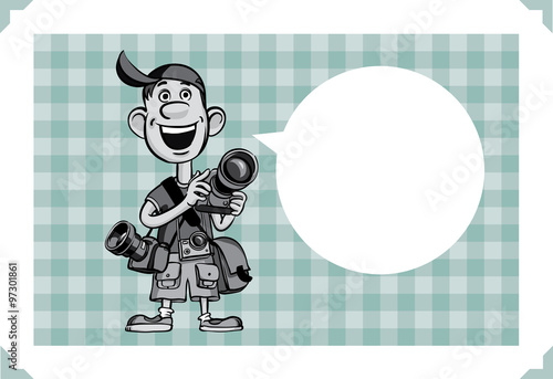 Greeting card with happy photographer with cameras