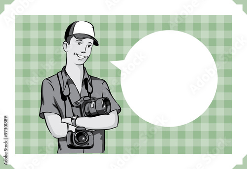 Greeting card with happy professional photographer