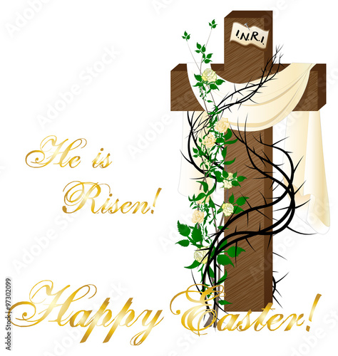 Vintage Easter empty cross with white cloth, white roses and thorns