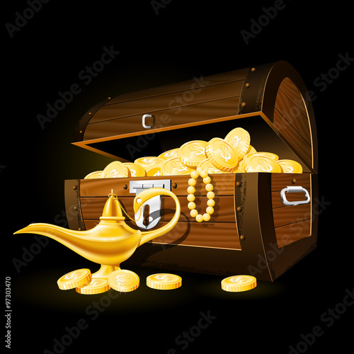 Treasure chest of coins and Aladdin's magic lamp