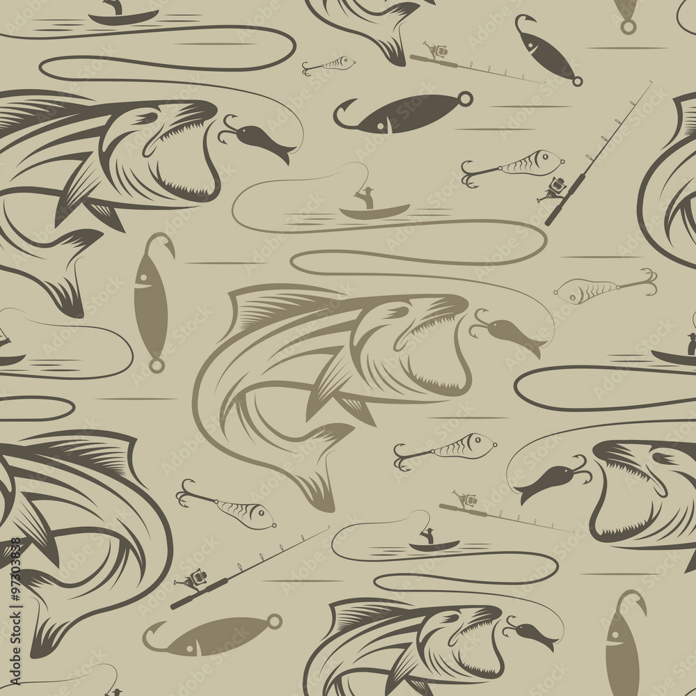 Seamless pattern on the subject of fishing. With fish, boat and Seamless pattern on the subject of fishing. With fish, boat and