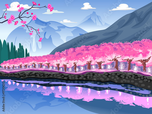 Cherry Blossom Mountain Scene