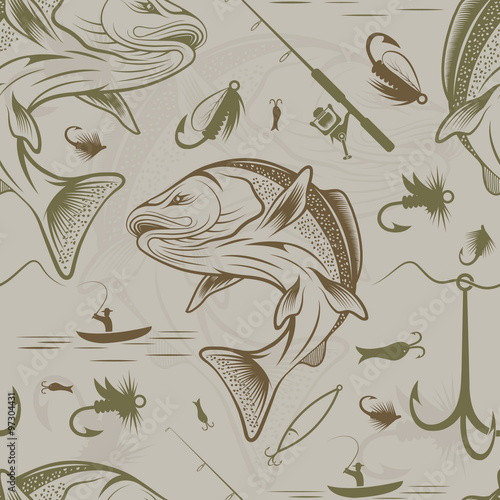 Seamless pattern on the subject of fishing. With fish, boat and