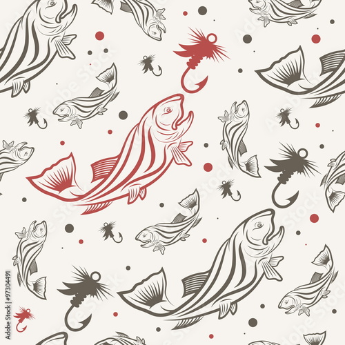 Seamless pattern on the subject of fishing. With fish  boat and