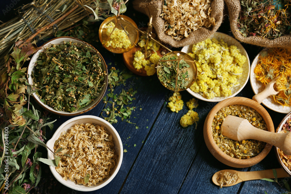 Fototapeta premium Assortment of dry medicinal herbs in bowls on wooden background top view