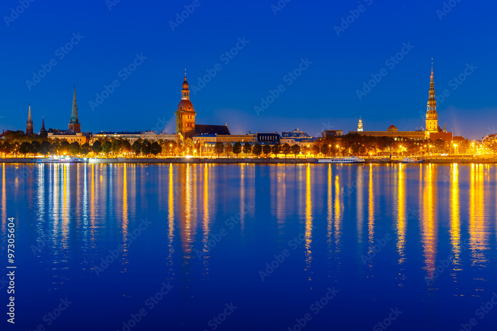 Old Town and River Daugava at night, Riga, Latvia