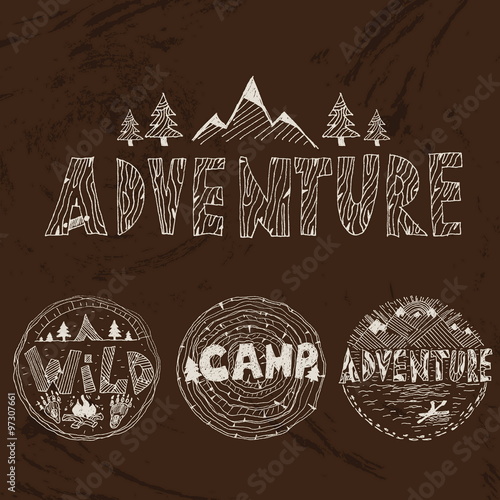 Hand drawn labels for adventure themes. Vector