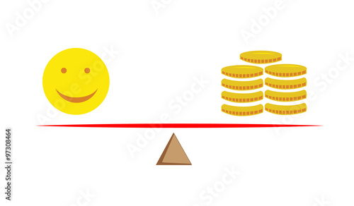 Flat vector image of a smiley face and coins balanced equally on a scale