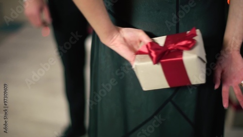 Woman in Evening Dress Holds Back a Gift With Red ribbon