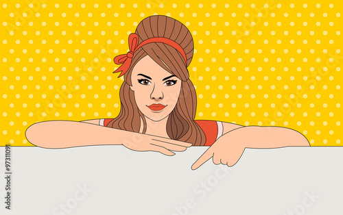 Beautiful brunet retro woman pointing to empty board

