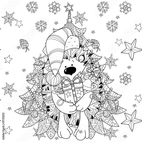 Zentangle doodle hand drawn christmas hedgehog with gift box on white background with fir tree. Christmas vector sketch isolated.Seamless pattern..
