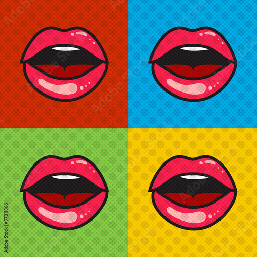 Opened red sexy lips with tongue and teeth. Pop art style poster. Surprised opened mouth. Shiny wet lips. Vector illustration EPS 10