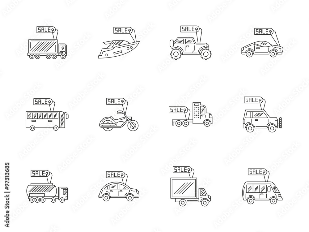 Car rent and sale flat line vector icons set Car rent and sale flat line vector icons set