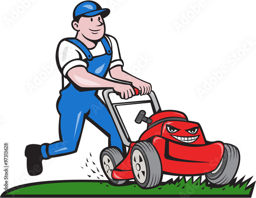 Gardener Mowing Lawn Mower Cartoon