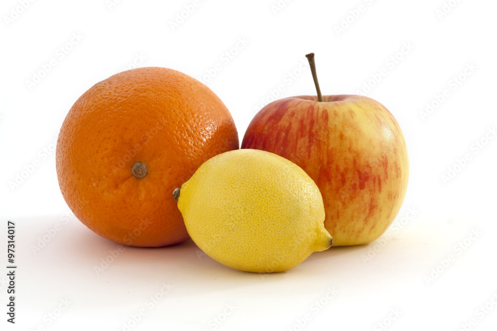 orange, lemon and apple on a white background orange, lemon and apple on a white background